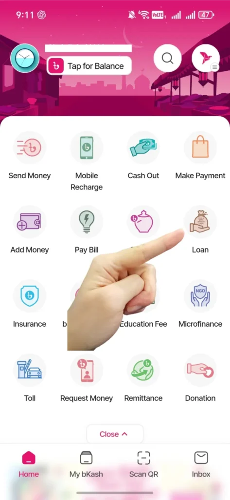 বিকাশ থেকে লোন নিতে প্রথমে বিকাশের হোম পেজ থেকে লোন সেকশনে যাবেন।