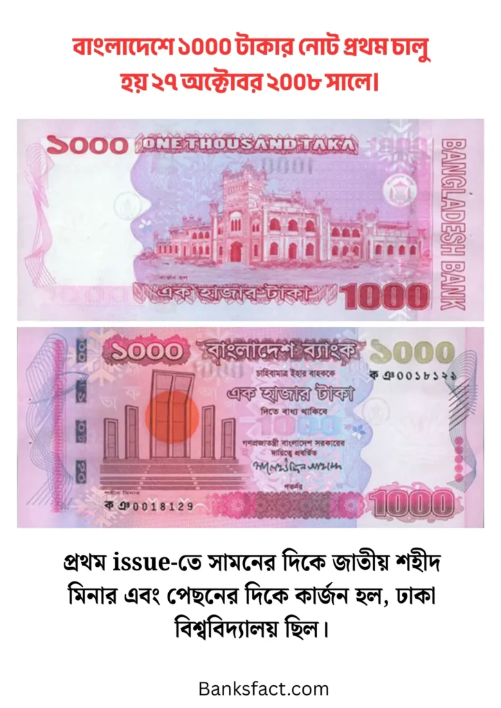 old 1000 taka note Bangladesh both side and history
